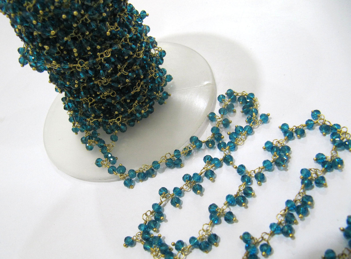 3-Feet London Blue Topaz Hydro Quartz Faceted Cluster Rosary Chain Size 3-4mm Wire Wrap Dangling Beaded Plated Wholesale Prices