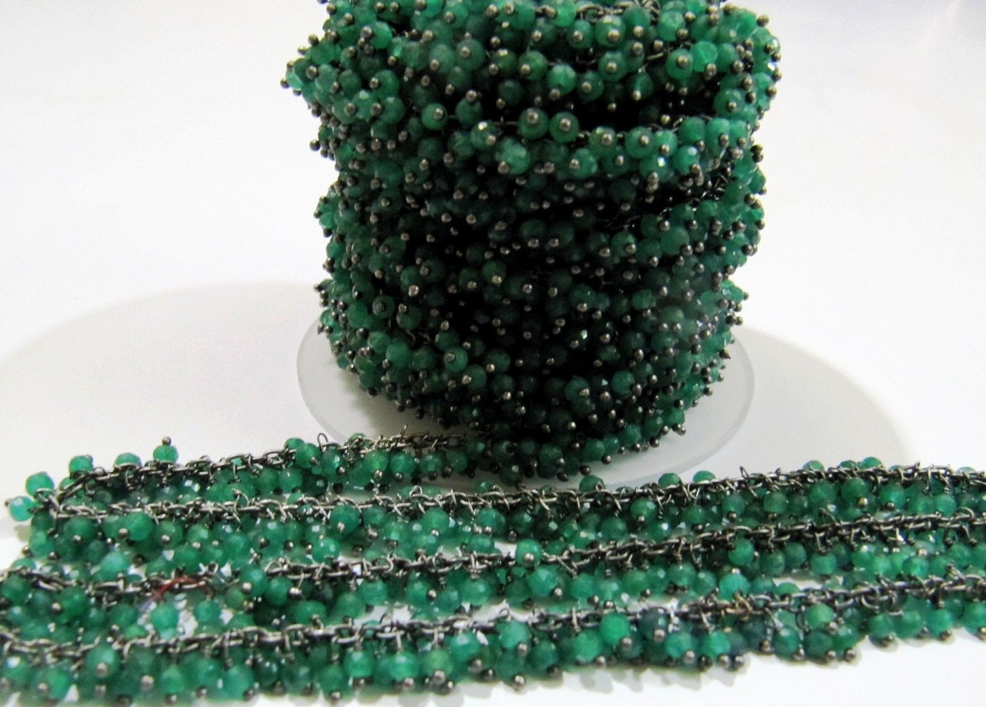 Emerald Rondelle Faceted 3-4mm Rosary Chain Size Wire Wrapped Grape Beaded Chain Sold Per Foot Wholesale Price Handmade Dangling Chain