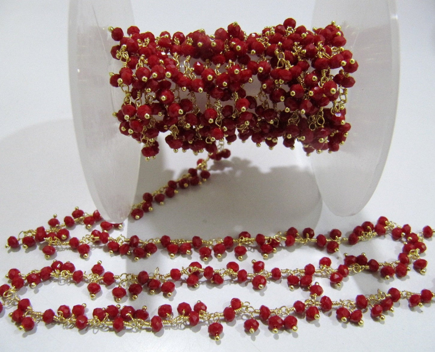 Red Coral 3mm Rondelle Faceted Hydro Quartz Beads Dangling Beaded Chain Wire Wrapped Cluster Handmade Stone Chains sold per foot