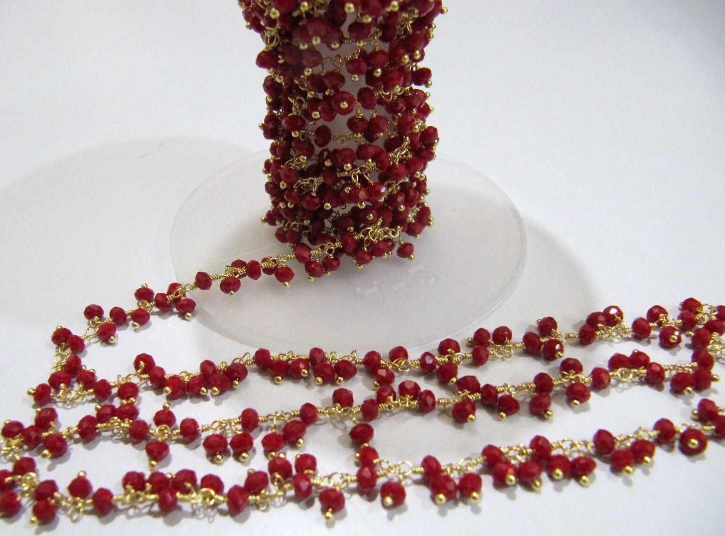Red Coral 3mm Rondelle Faceted Hydro Quartz Beads Dangling Beaded Chain Wire Wrapped Cluster Handmade Stone Chains sold per foot