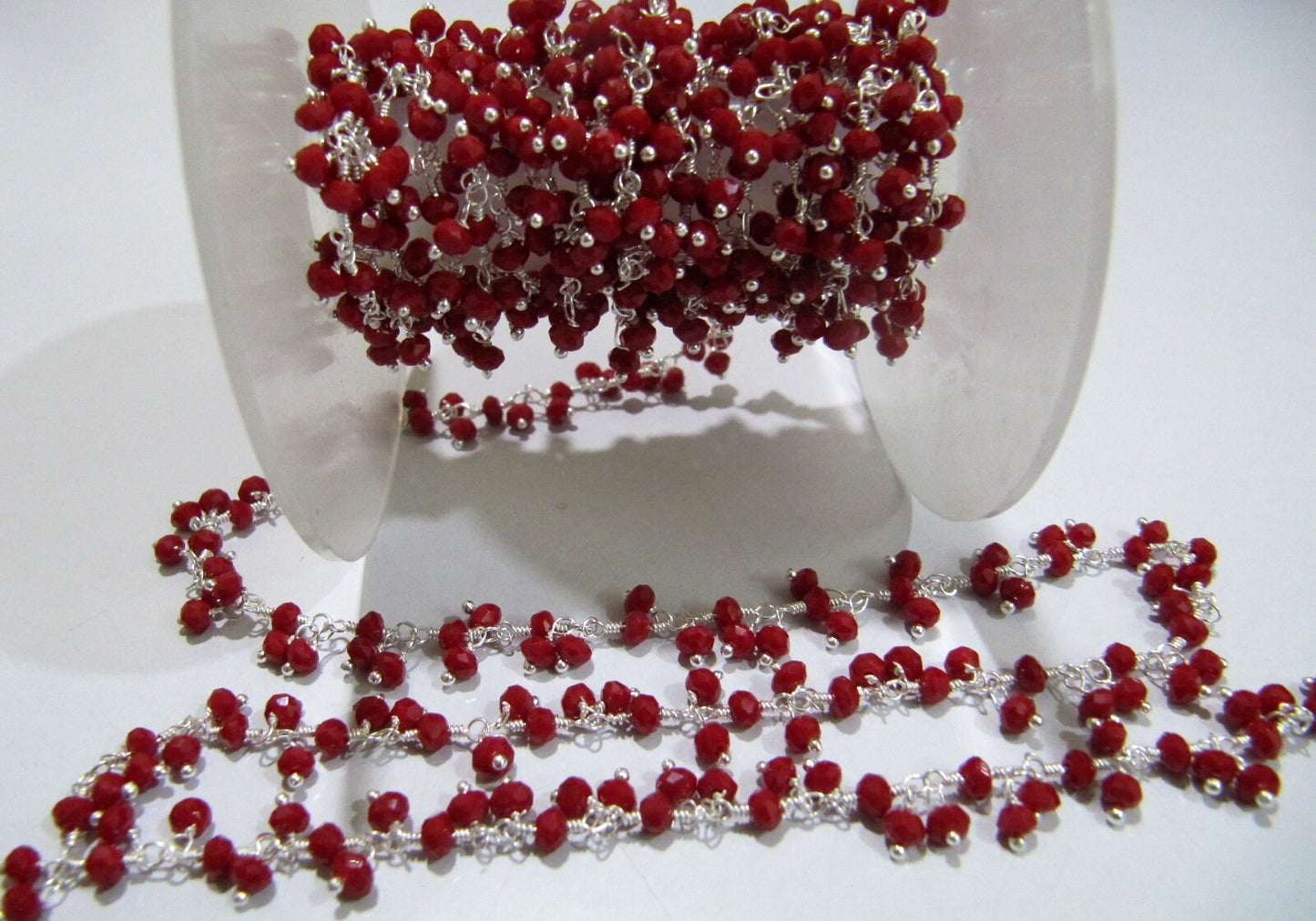 Red Coral 3mm Rondelle Faceted Hydro Quartz Beads Dangling Beaded Chain Wire Wrapped Cluster Handmade Stone Chains sold per foot