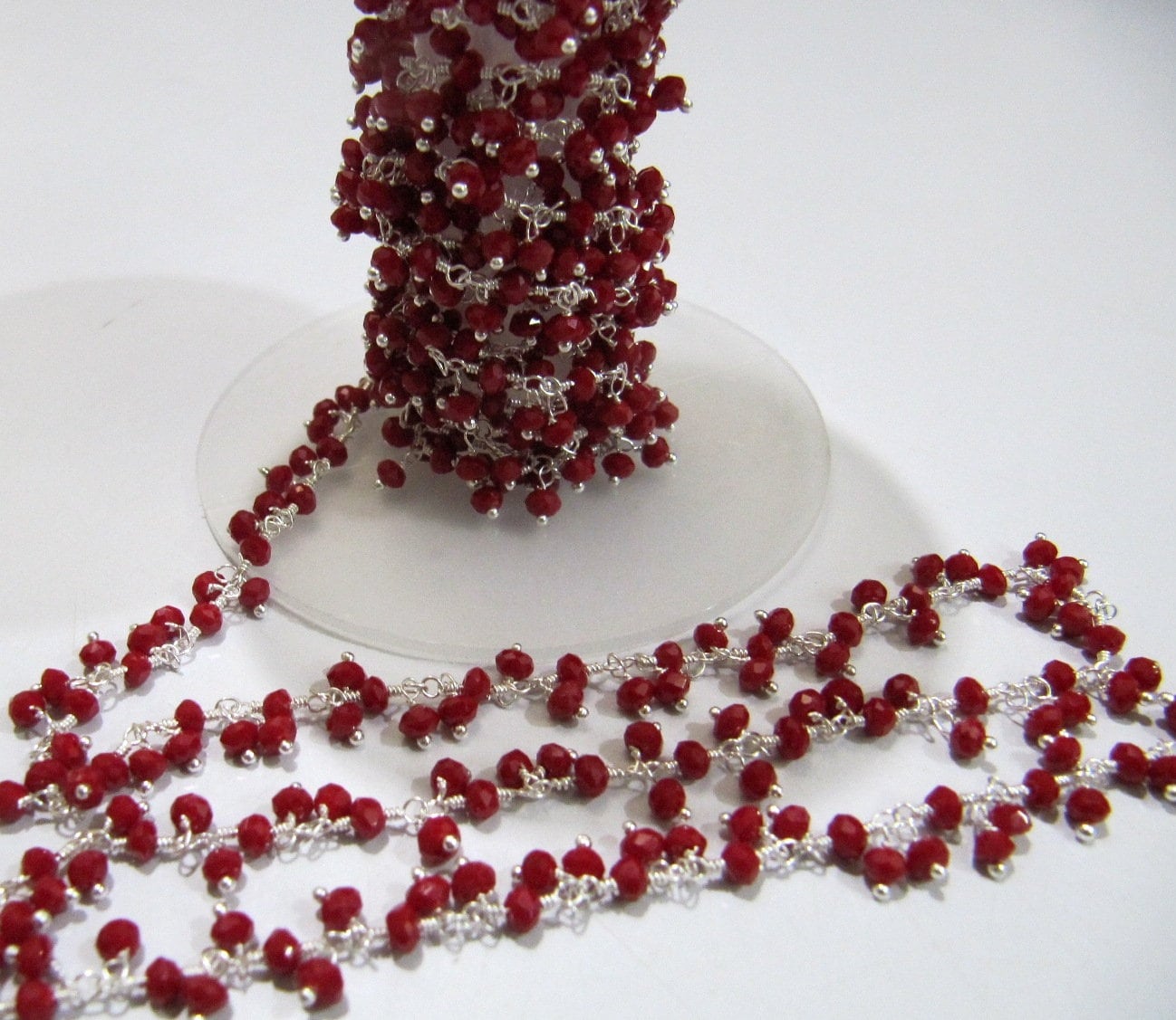Red Coral 3mm Rondelle Faceted Hydro Quartz Beads Dangling Beaded Chain Wire Wrapped Cluster Handmade Stone Chains sold per foot