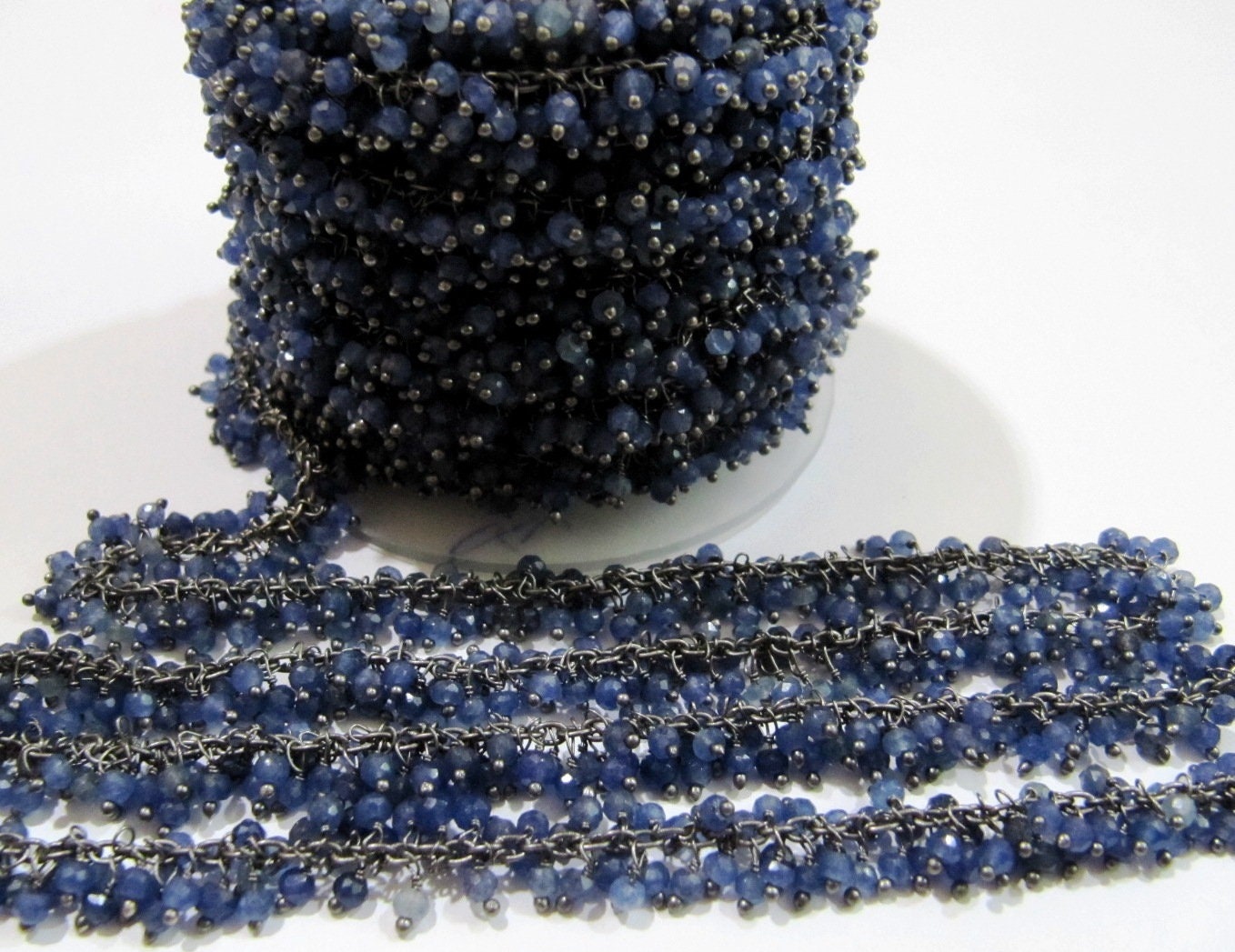 Blue Sapphire Rondelle Faceted 3mm Beads Cluster Rosary Chain Wire Wrap Dangling Beaded handmade chain Sold Per Foot Wholesale Price