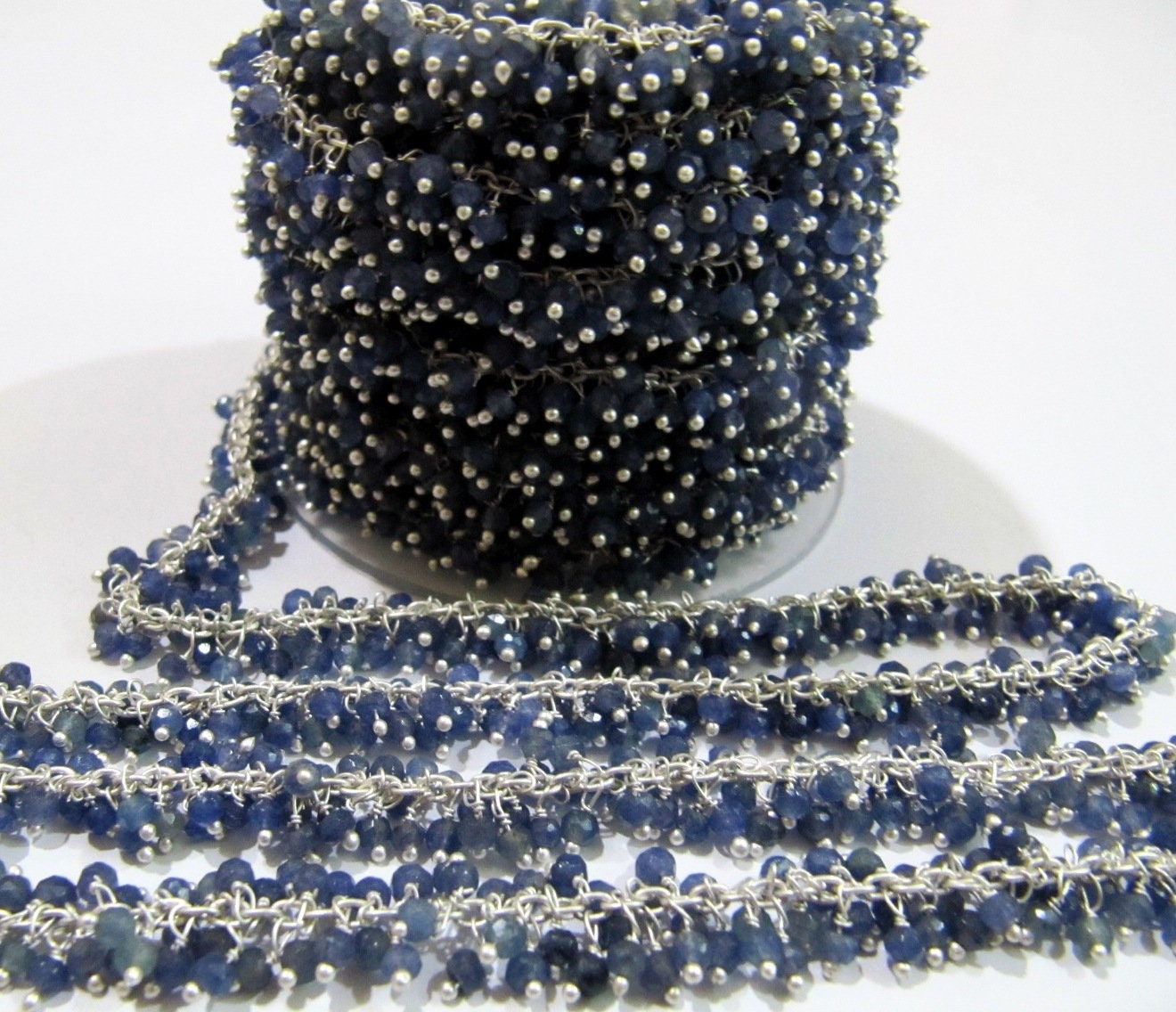 Blue Sapphire Rondelle Faceted 3mm Beads Cluster Rosary Chain Wire Wrap Dangling Beaded handmade chain Sold Per Foot Wholesale Price