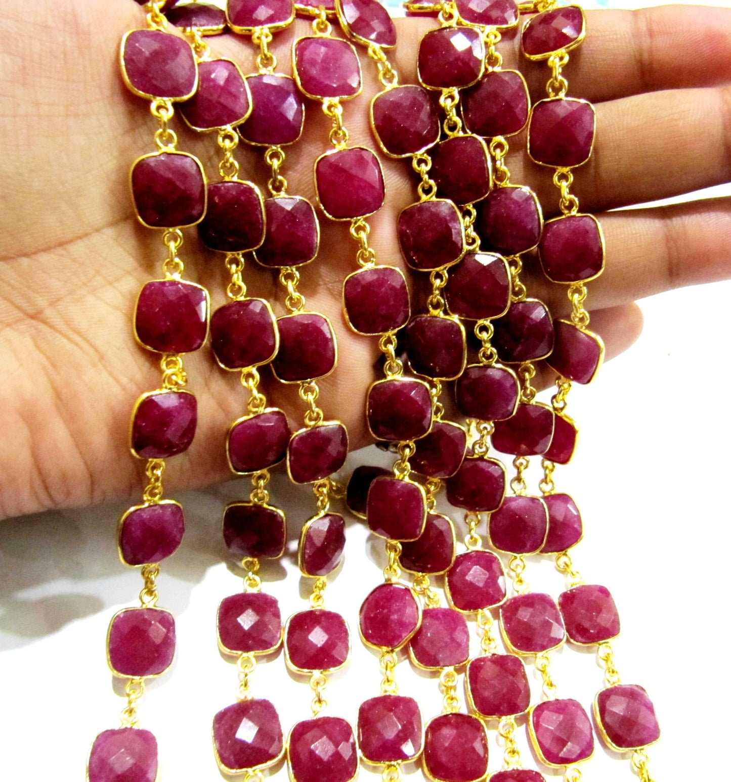 Ruby Cushion Shape Square Briolette Faceted Bezel Connector Chain 10 mm Sold Per Foot Wholesale price Jewelry making Chain