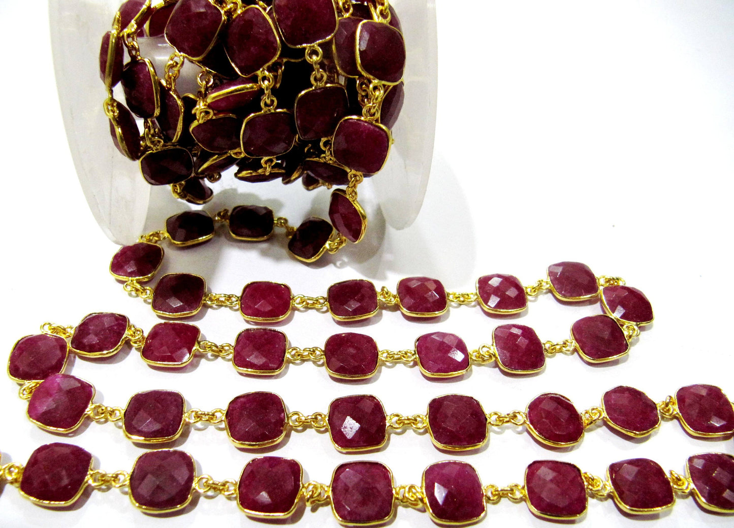 Ruby Cushion Shape Square Briolette Faceted Bezel Connector Chain 10 mm Sold Per Foot Wholesale price Jewelry making Chain