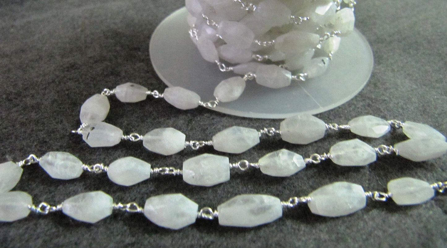 Natural White Rainbow Moonstone Oval Faceted Beaded Rosary Chain High Quality Semi Precious Beads Handmade Gemstone chain sold per foot