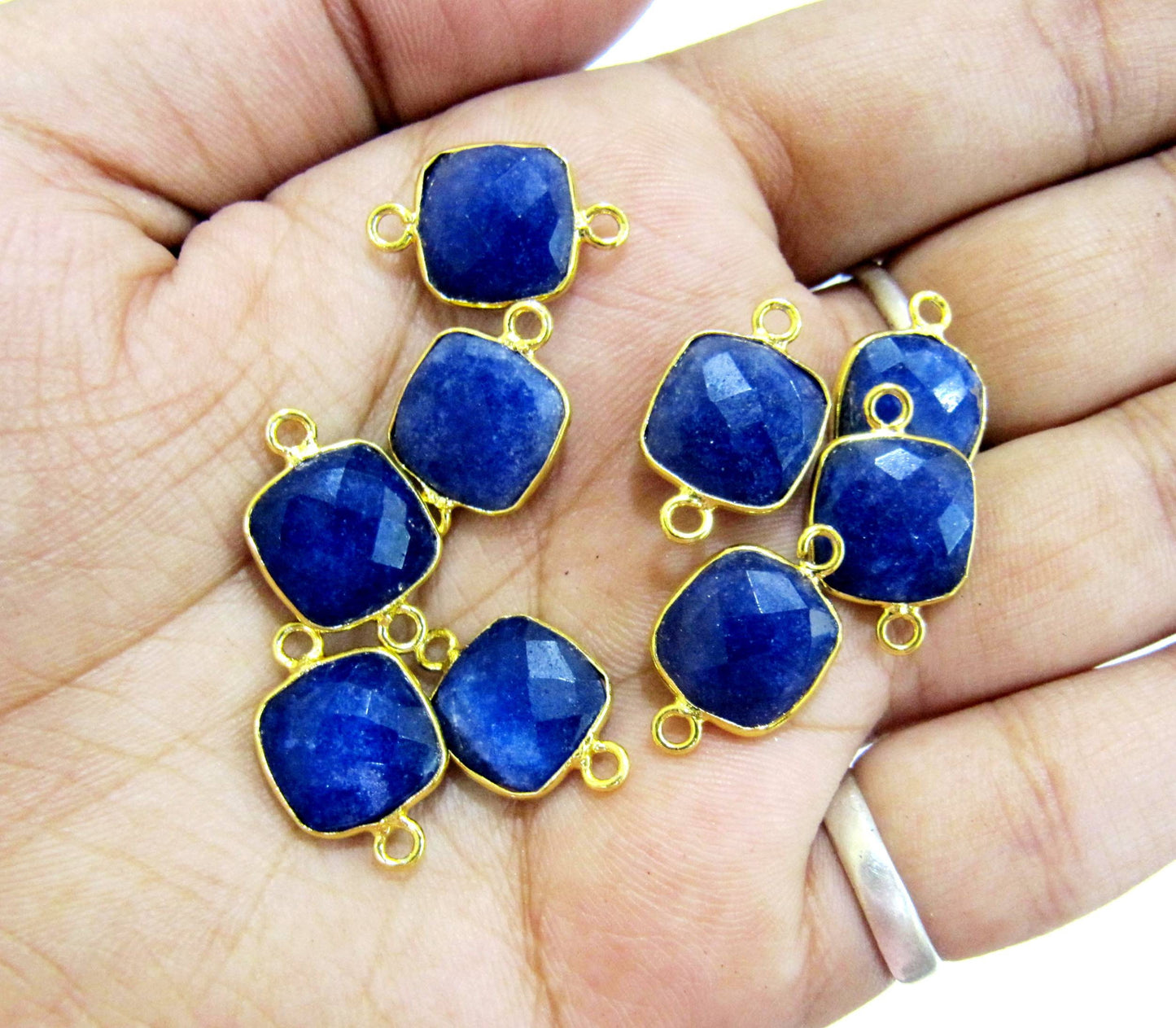 5 Pcs Set Dyed Blue Sapphire Cushion Shape Square 10mm Briolette Connectors Double Loop Bezel Jewelry Making Connectors