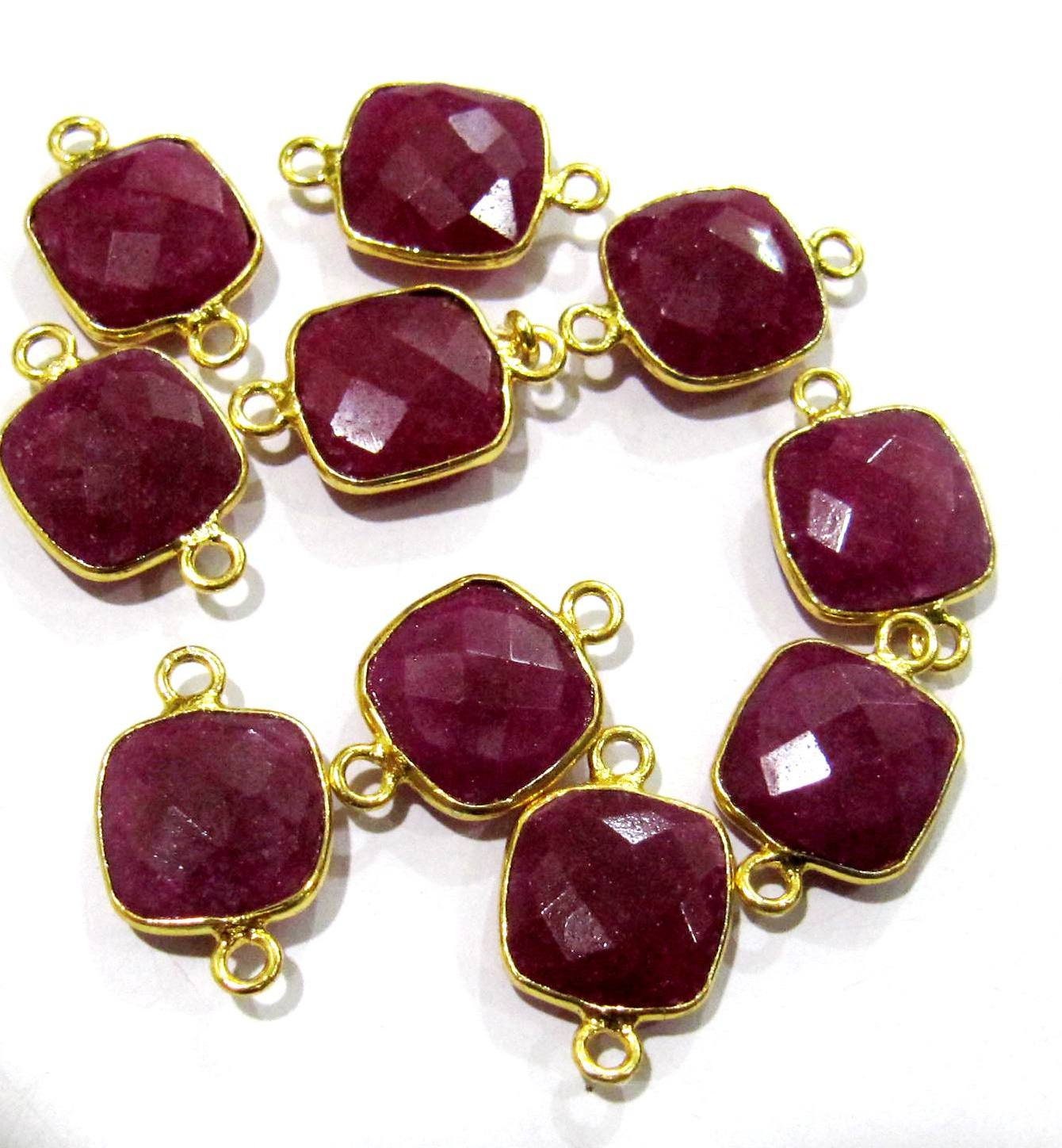 5 Pcs Set Dyed Ruby Cushion Shape Square 10mm Briolette Connectors Double Loop Bezel Jewelry Making Connectors Charms