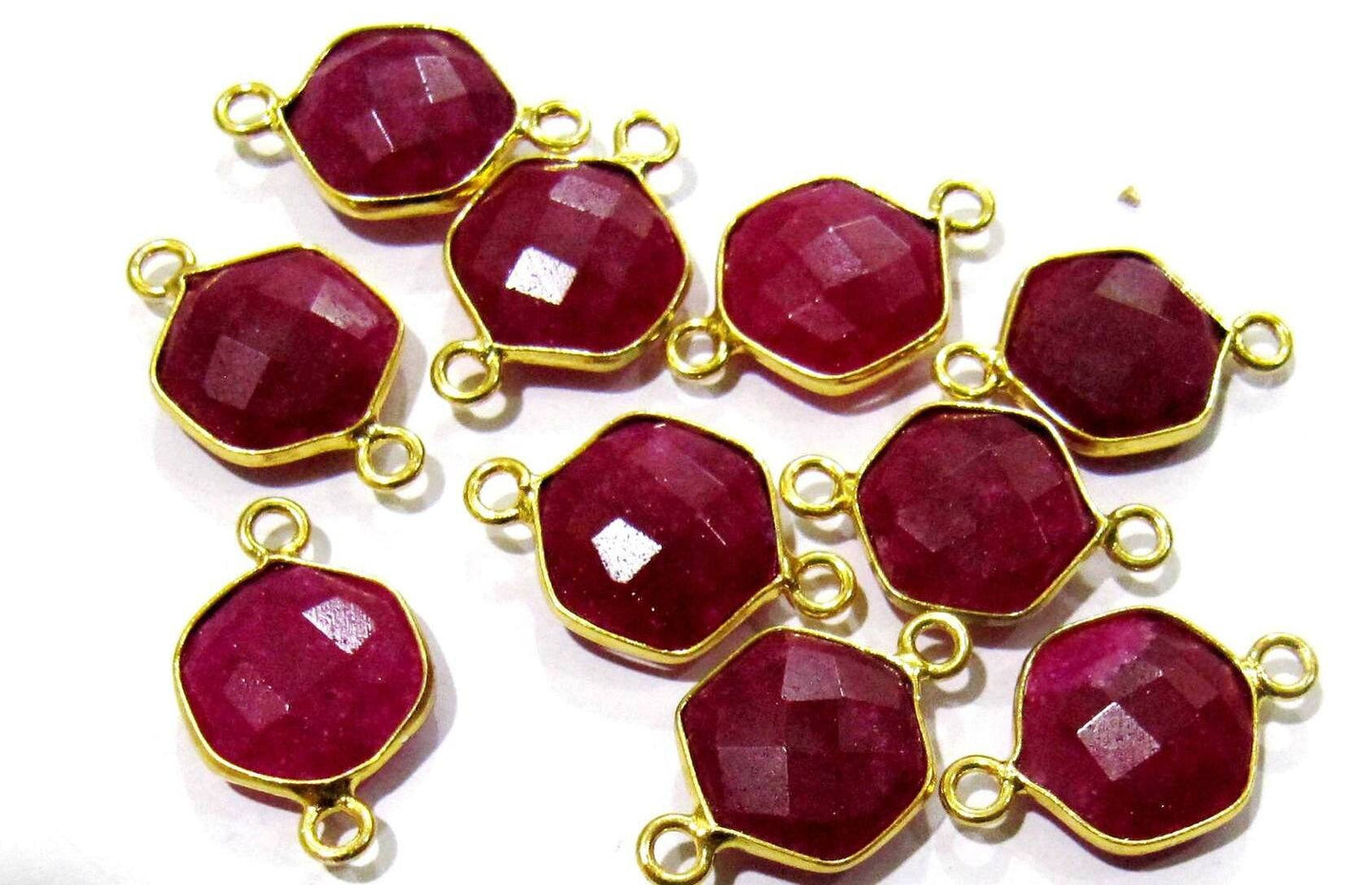 5 Pcs Set Dyed Ruby Hexagon Shape 10 mm Briolette Connectors Double Loop Ruby Jewelry Making Bezels