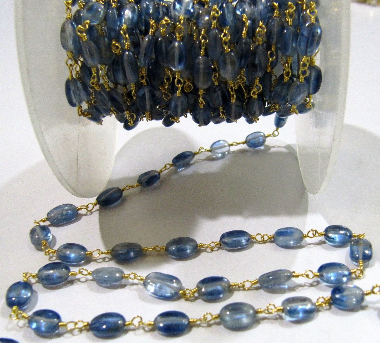 Natural Blue Kyanite Oval Plain Smooth 6x8 to 7x10mm Beaded Rosary Chain Sold Per Foot High Quality Wholesale Price Gemstone chain