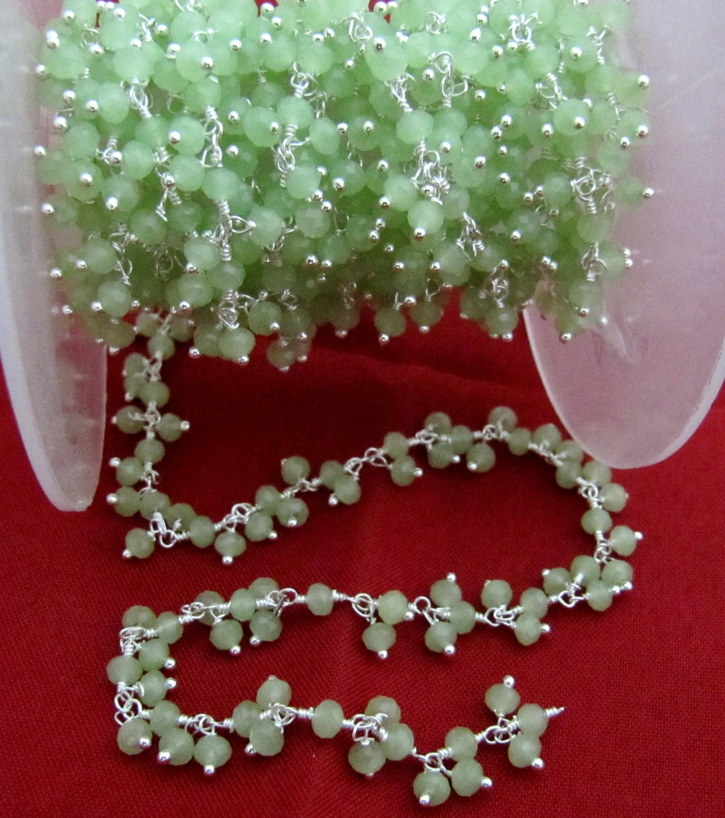 Green Chalcedony Dangling Chain Rondelle Faceted Beaded Cluster Chain 2.5-3mm Size Hydro Quartz Bead Chain Wholesale Price sold per foot