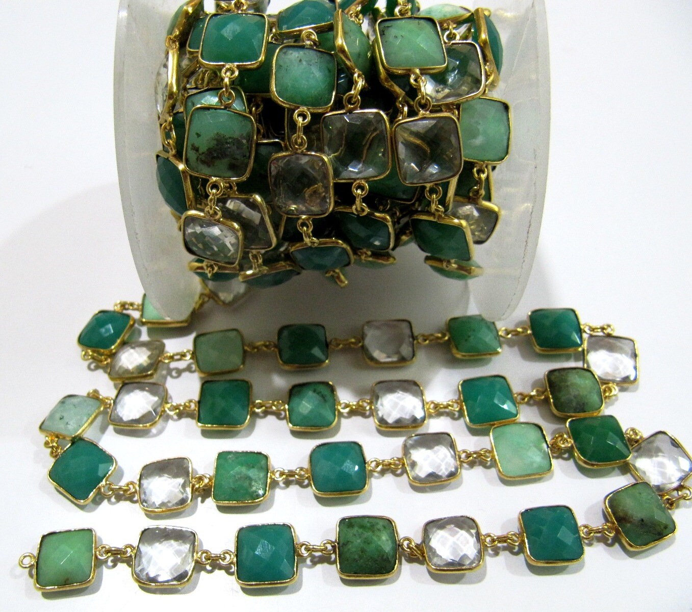 Natural Chrysoprase Green Onyx and Rock Crystal 10mm Cushion shape Briolette Faceted Connector Chain Wholesale price sold per foot