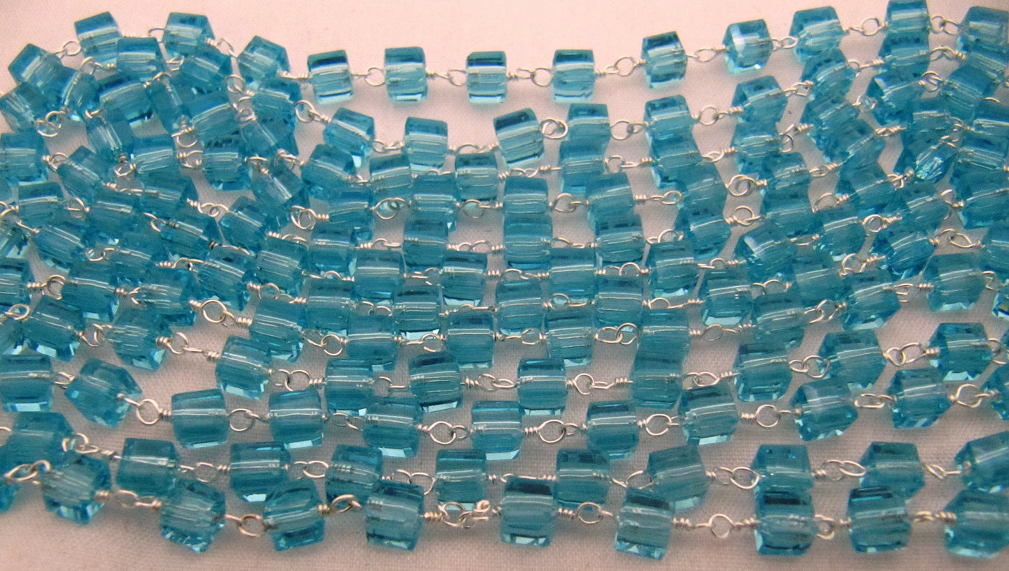 3 Ft-Blue Topaz Hydro Quartz Box Shape Beaded Hydro Quartz Bead Rosary Chain Wholesale Prices Jewelry making crystal chain