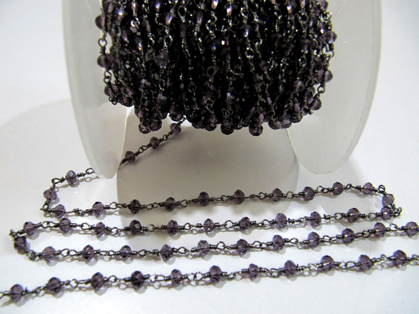 Purple Amethyst Hydro Quartz Rondelle Faceted 3-4mm Size Beaded Wire Wrapped Chain Wholesale Prices Handmade Crystal Chains sold per foot