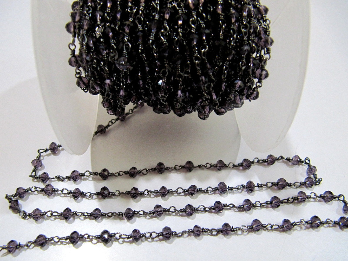 Purple Amethyst Hydro Quartz Rondelle Faceted 3-4mm Size Beaded Wire Wrapped Chain Wholesale Prices Handmade Crystal Chains sold per foot