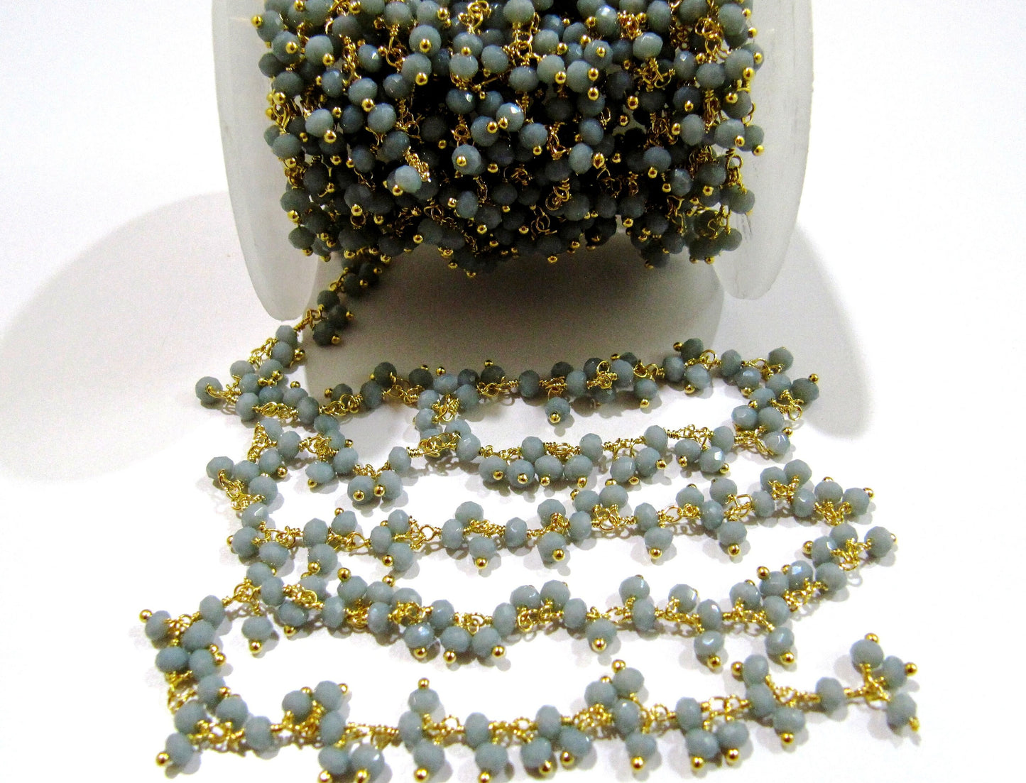 Grey Moonstone Hydro Quartz Dangling Cluster Beaded Rosary Chain Rondelle Faceted 3-4mm Beads Wire Wrapped chain sold per foot