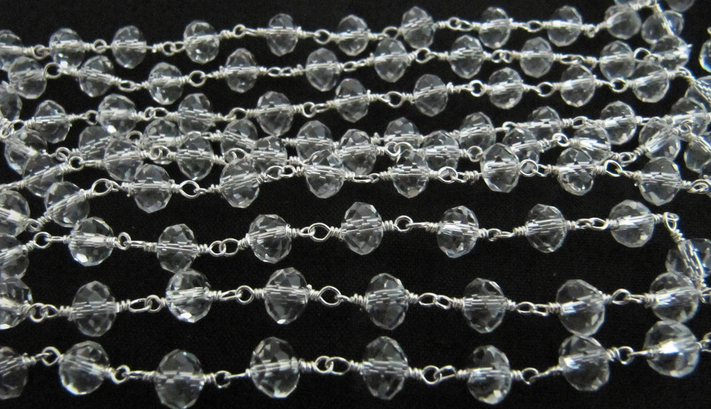 3 Ft- Crystal Quartz Rosary Rondelle Faceted Beaded 6mm Size Clear Quartz Bead Chain Wholesale Prices Jewelry Making Crystal Chain