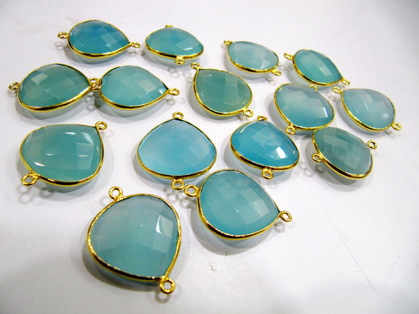 2 Pcs Set Aqua Blue Chalcedony Heart Shape 20mm Briolette Connectors Chalcedony Double Loop Bezel Jewelry Making Bezel Connectors