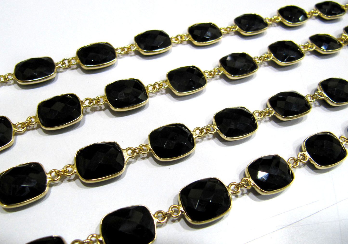 Natural Black Spinel Cushion Shape Size 11x13mm Briolette Faceted Rectangle Bezel Connector Chain Sold Per Foot High Quality Wholesale Price