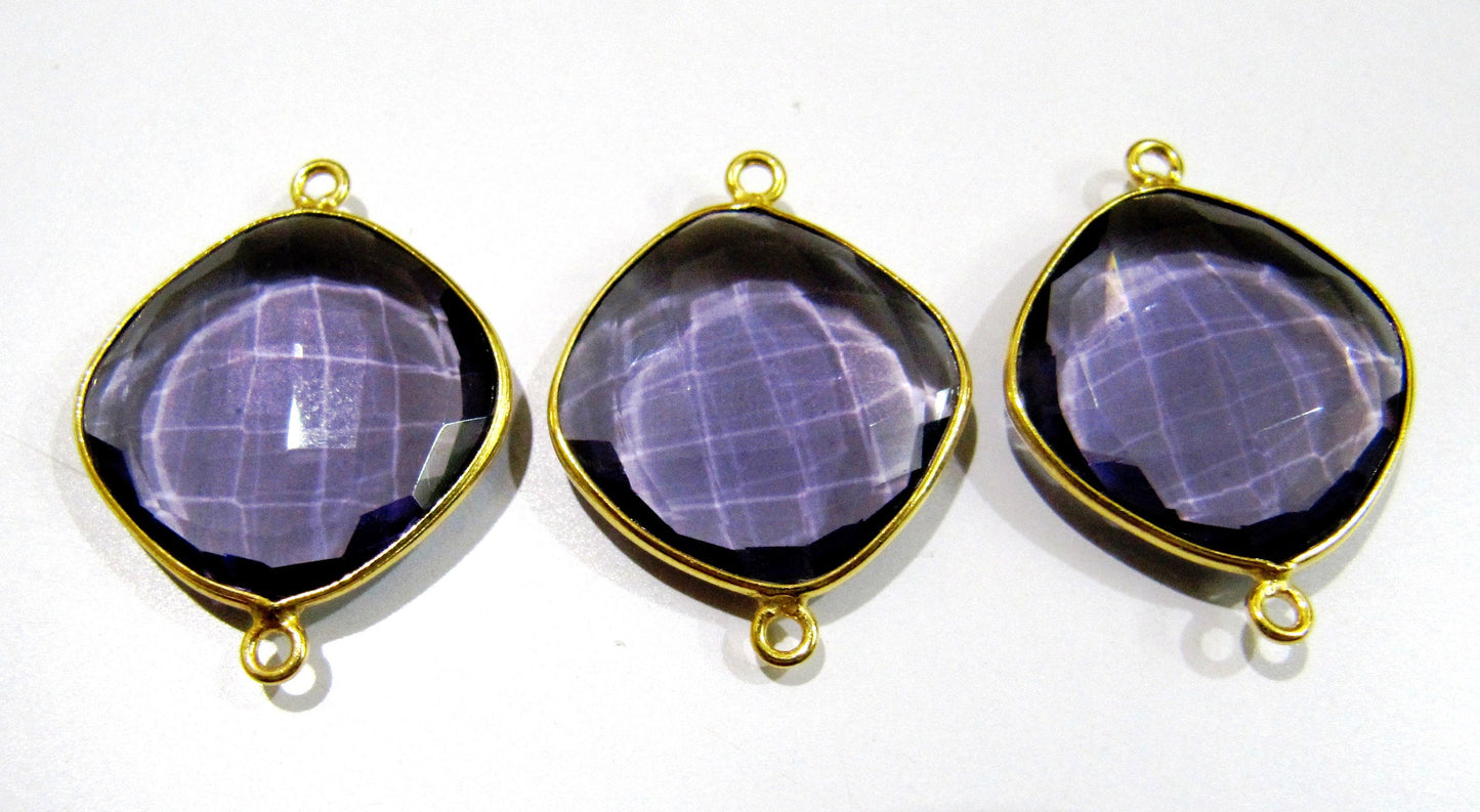 6 Pcs Set Amethyst Cushion Shape 13 to 19mm Briolette Connectors Hydro Quartz Plated Double Loop Bezel Jewelry Making Connector