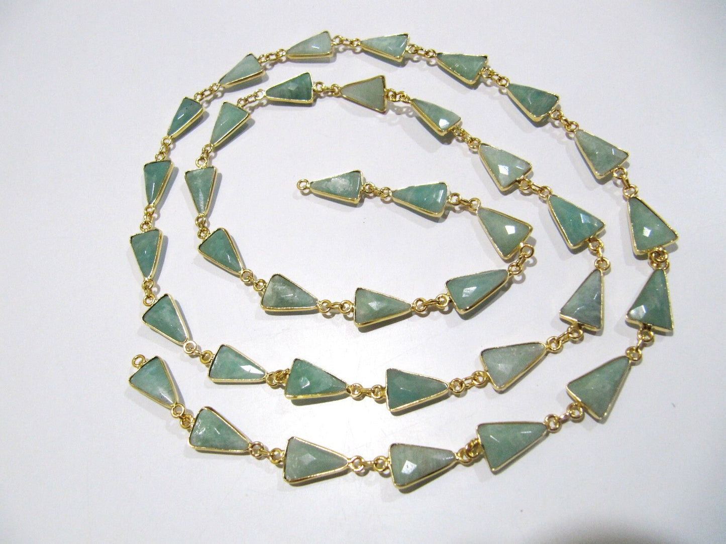 Natural Amazonite Trillion Shape Briolette Faceted Bezal Connector Chain 10x13mm Gold Plated Sold Per Foot High Quality jewelry making
