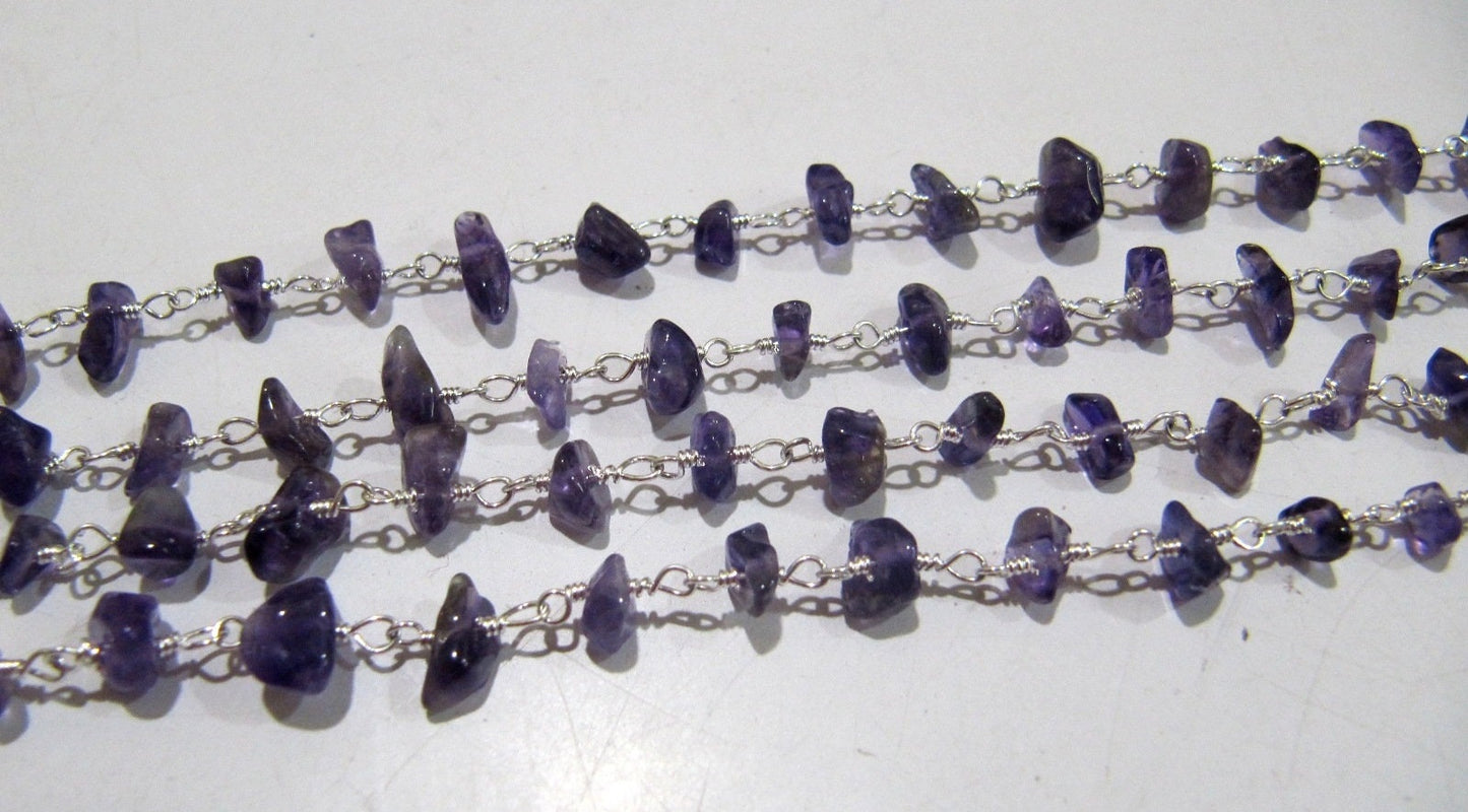 6 Feet- Natural African Amethyst Wire Wrapped Rosary Chain / Amethyst Nugget Chip Uncut Beads Rosary Chain / Gemstone Chain- Wholesale Rate