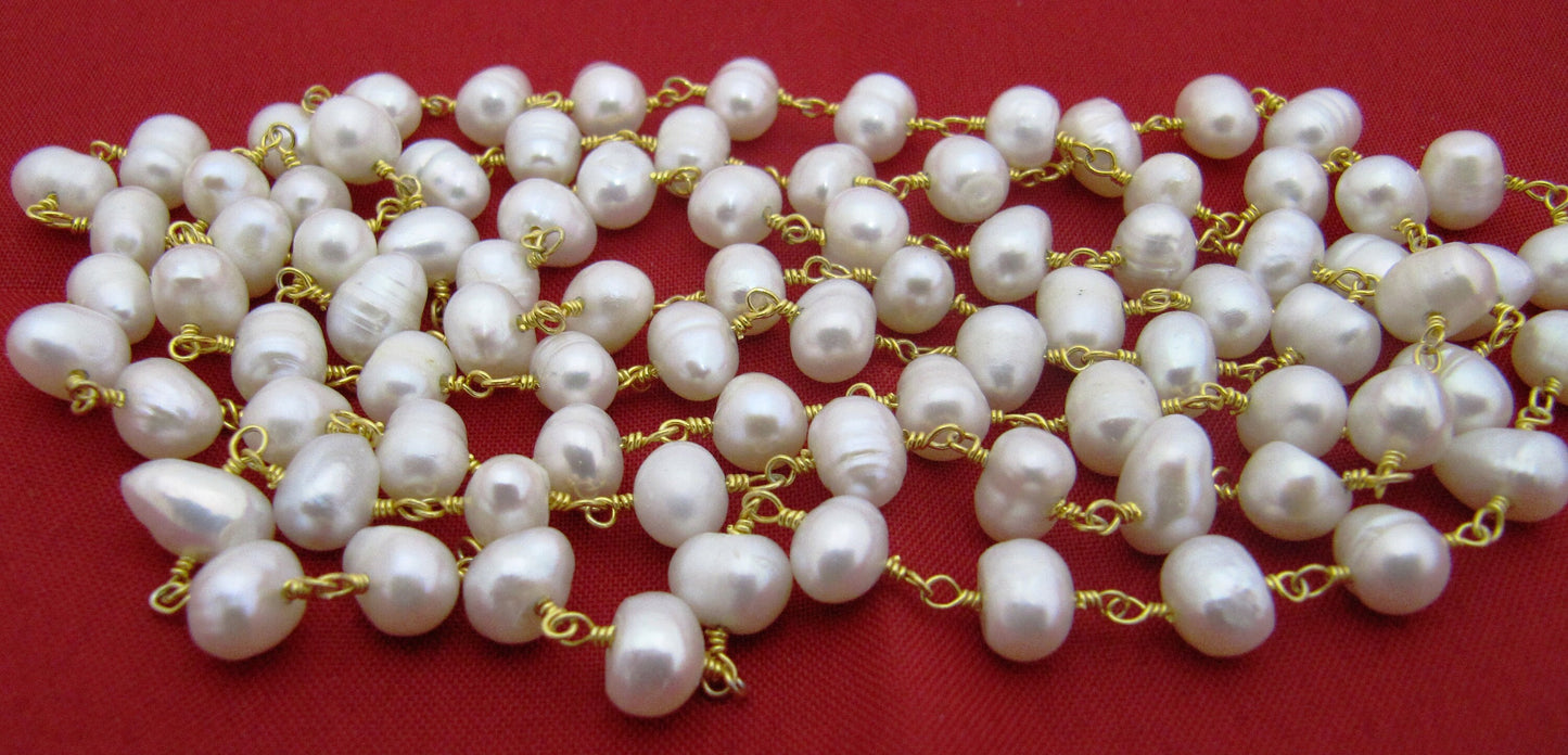 Natural Pearl 6-7mm- Wire Wrapped Smooth Plain Beads Rosary Beaded Chain Gemstone Link Chain Wholesale Prices Sold per foot