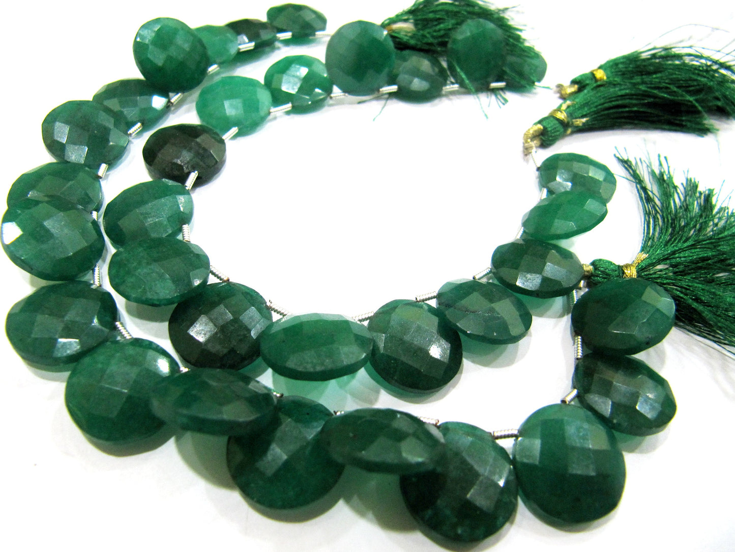 Emerald Corundum Round Coin Shape Briolette Faceted Beads 15 mm Sold per strand 8 inches long Top Quality green gemstone