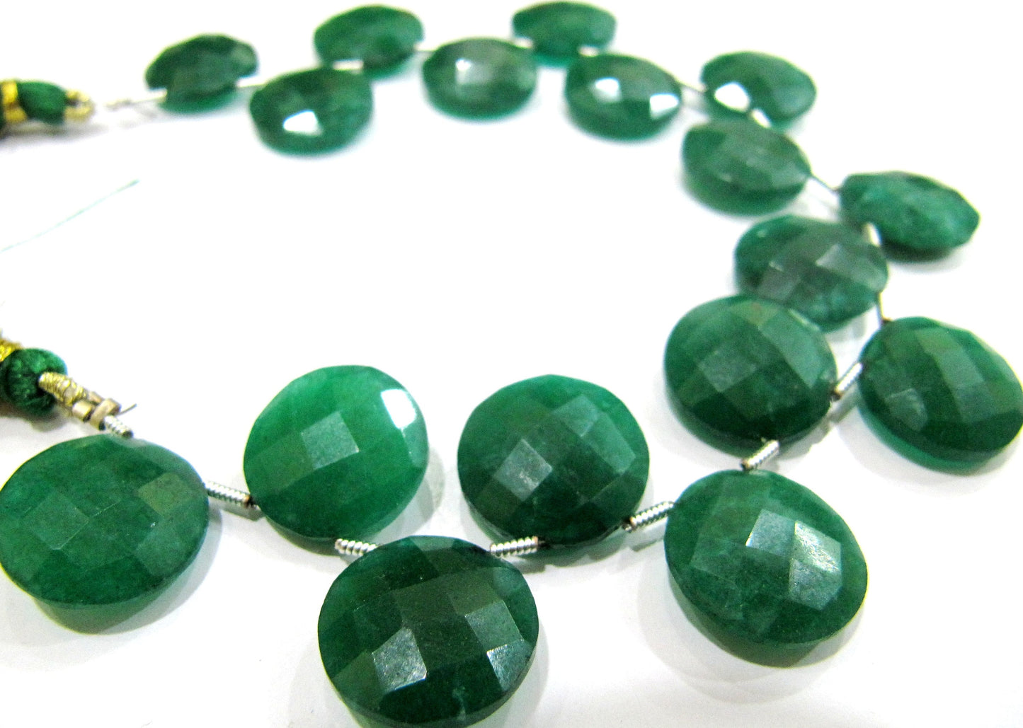 Emerald Corundum Round Coin Shape Briolette Faceted Beads 15 mm Sold per strand 8 inches long Top Quality green gemstone