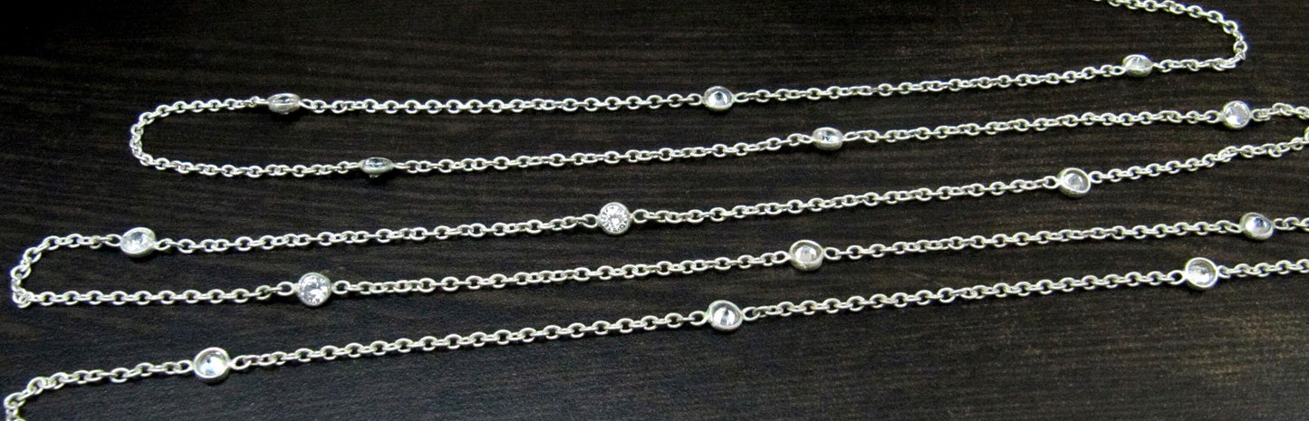 92.5% Sterling Silver White Round Cubic Zirconia 4mm bezel Connector Station Chain Sold Per Feet Top Quality Wholesale Price