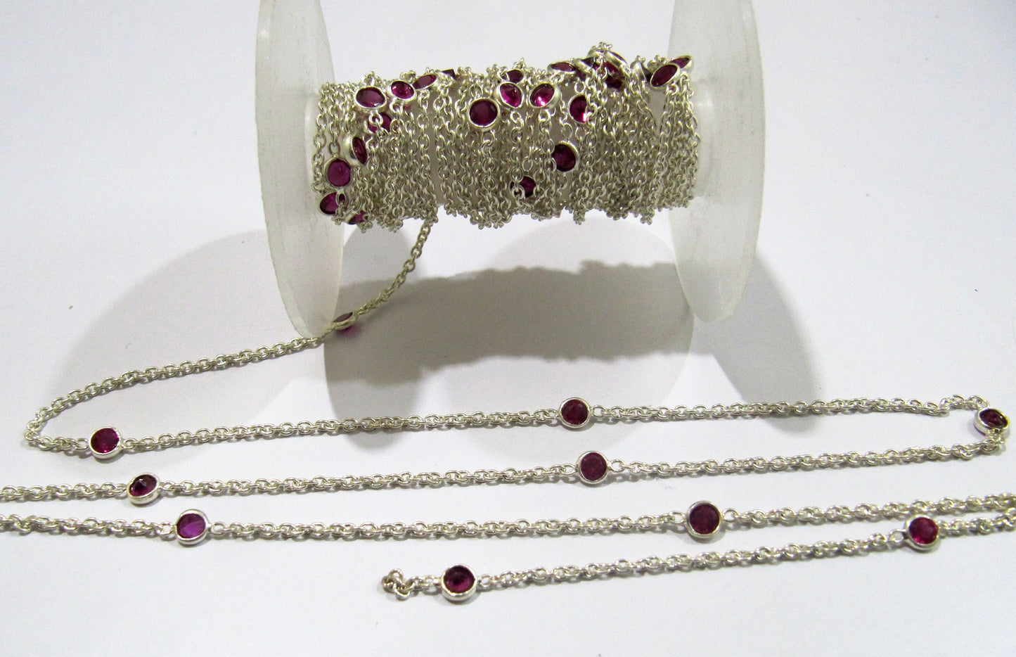 92.5% Sterling Silver Fancy Ruby Round 4mm bezel Connector Station Chain Sold Per Feet Top Quality Wholesale Prices