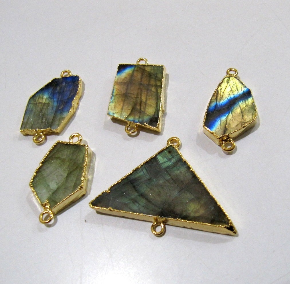 2Pc.- Natural Labradorite Slice Connector Free Form Double Loop 1 inch approximately Top Quality Edge Electroplated Connectors