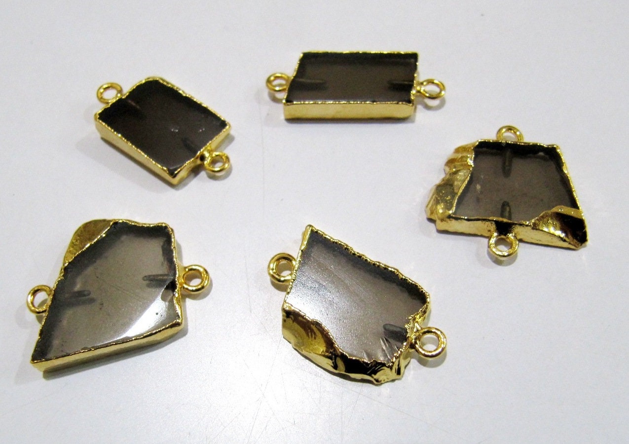 2Pc.- Natural Smoky Quartz Slice Connector Free Form Double Loop 1 inch approximately Top Quality Electroplated Connectors charms