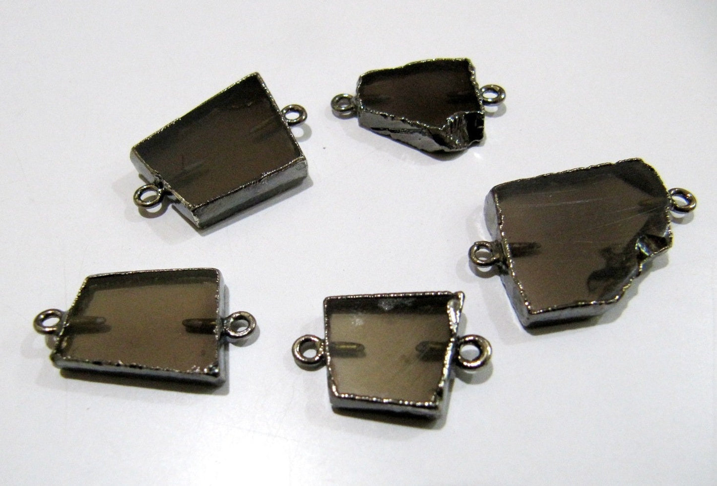 2Pc.- Natural Smoky Quartz Slice Connector Free Form Double Loop 1 inch approximately Top Quality Electroplated Connectors charms