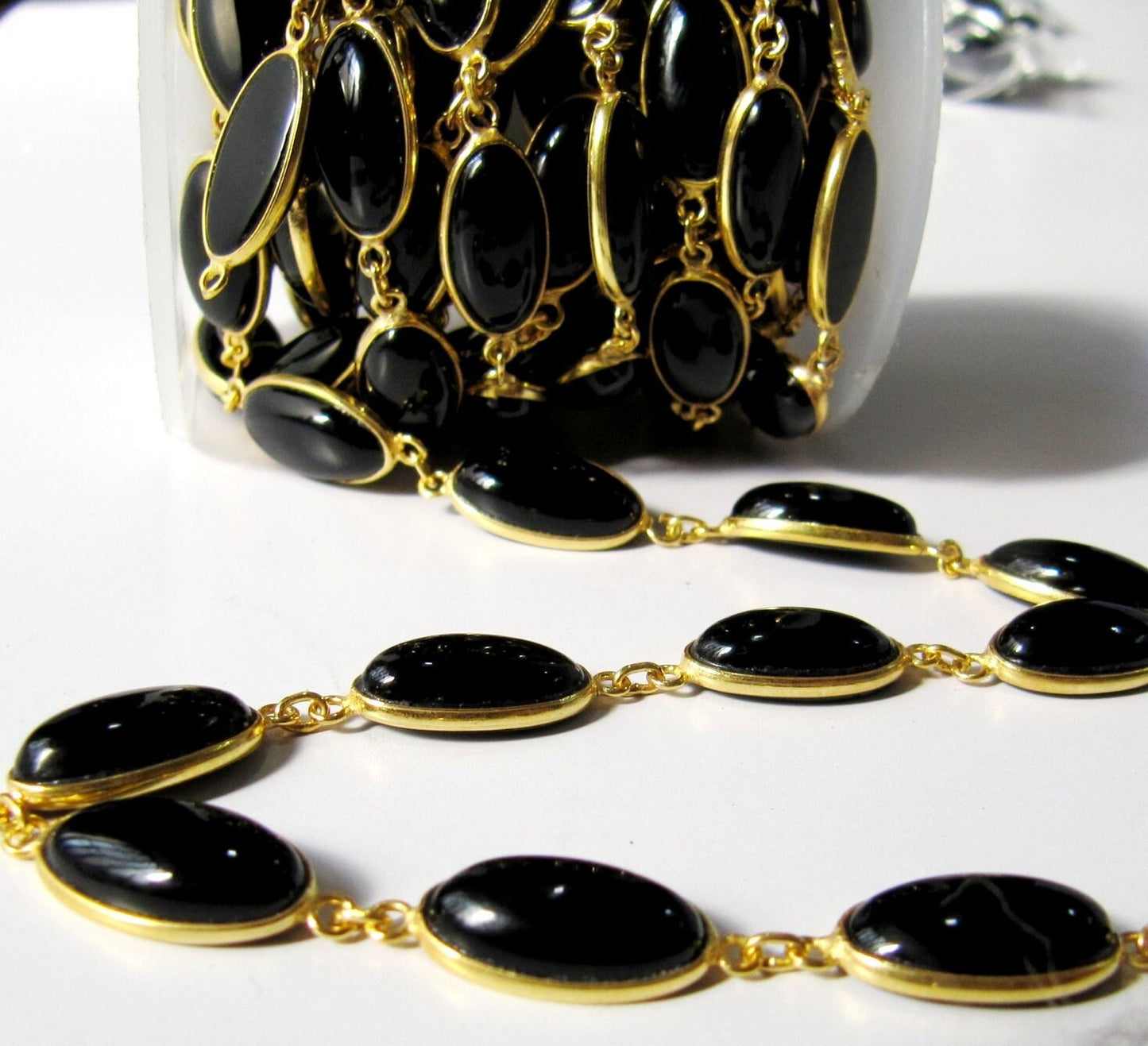 Natural Black Spinel Oval Shape Plain Smooth 8x15mm Bezel Cabochon Connector Chain Sold Per Foot High Quality Wholesale Prices Jewelry chain