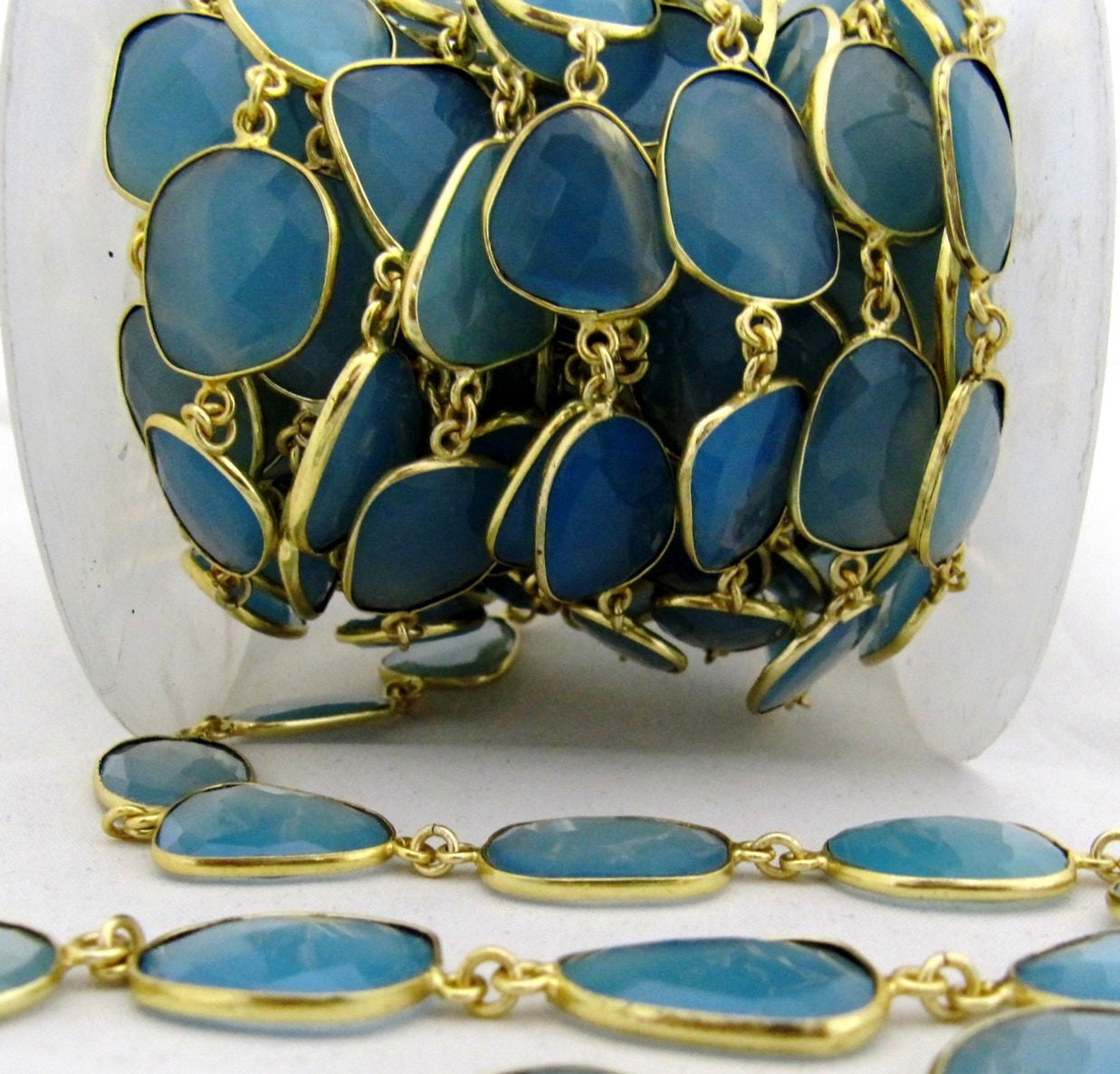 Natural Aqua Blue Chalcedony Free Shape Briolette Faceted Bezel Connector Chain 15to20mm Plated Sold Per Foot High Quality Wholesale price