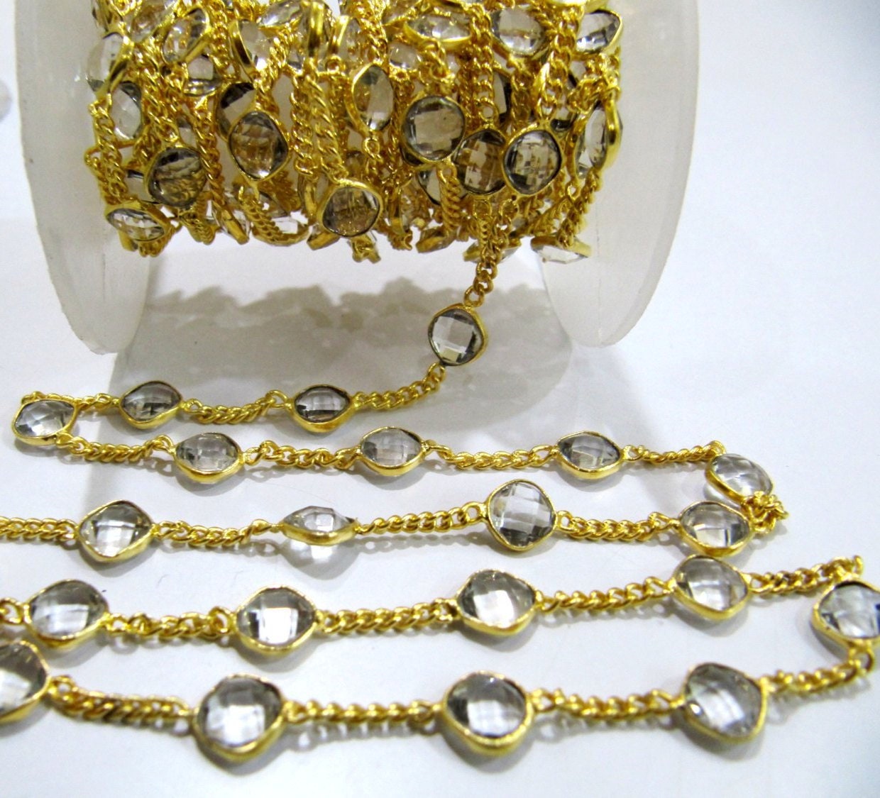Natural Rock Crystal Quartz Cushion Shape 10mm Briolette Faceted Bezel Connector Chain Sold Per Foot High Quality Wholesale Prices