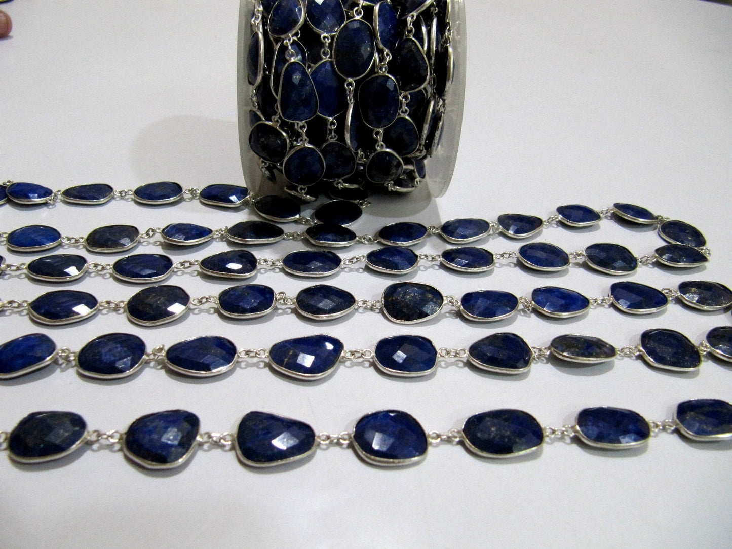 Natural Lapis Lazuli Free Shape Briolette Faceted Bezel Connector Chain 15to20mm Plated Sold Per Foot High Quality Wholesale price