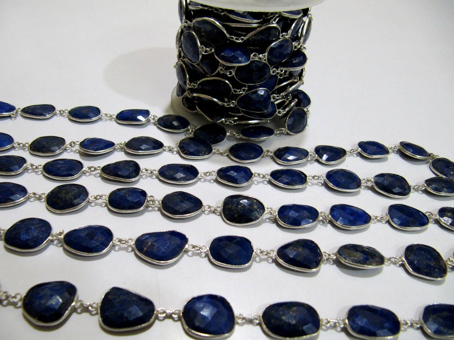 Natural Lapis Lazuli Free Shape Briolette Faceted Bezel Connector Chain 15to20mm Plated Sold Per Foot High Quality Wholesale price
