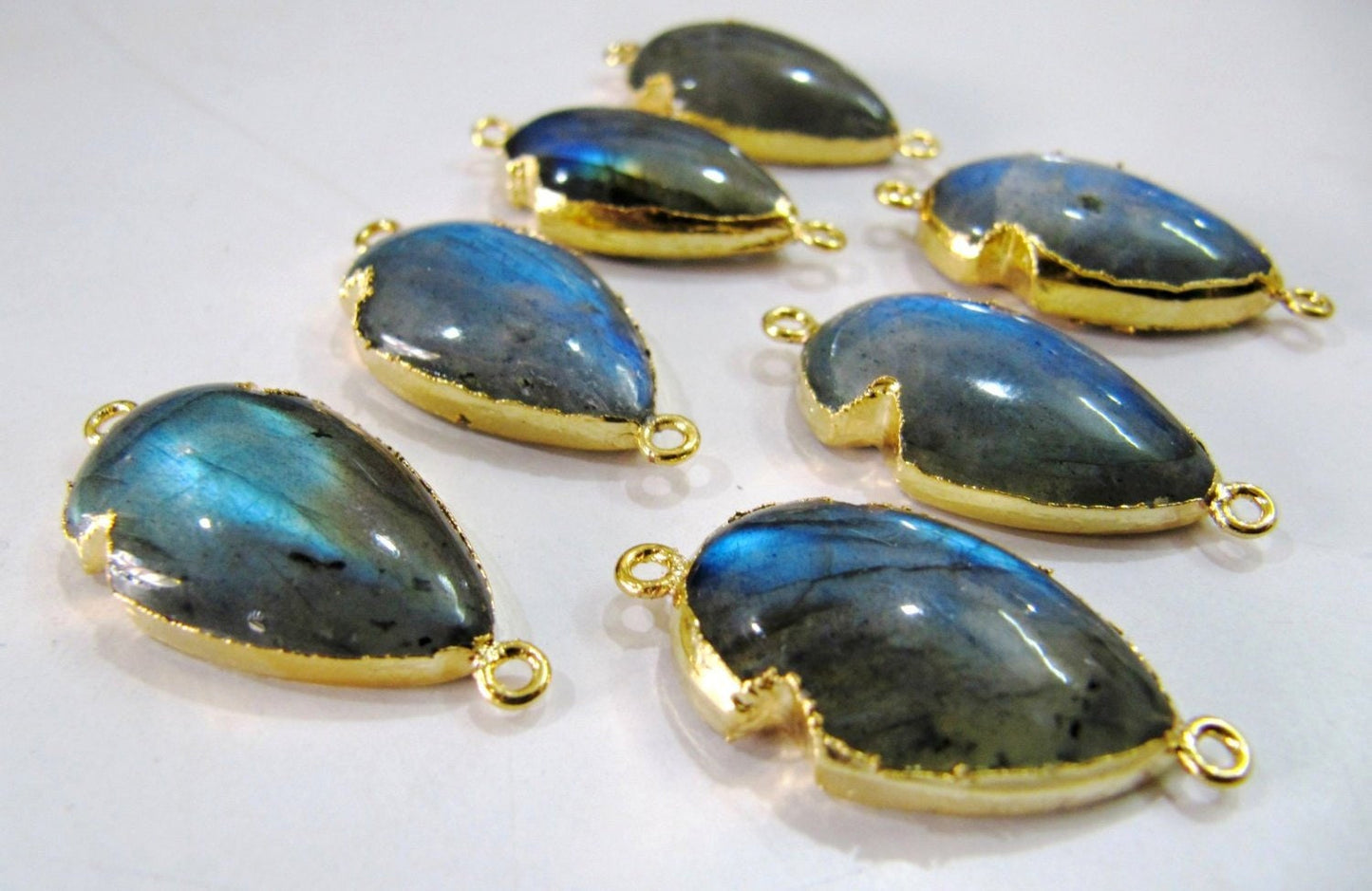 Natural Labradorite Blue Flashy Arrowhead Size 30x15mm Cabochon Connectors Double Loop Bezel Charms Gold Electroplated sold per piece