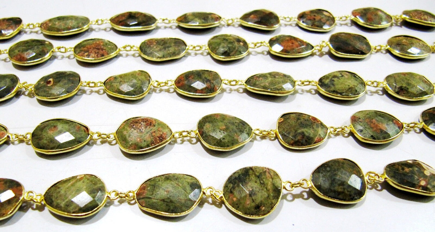 Natural Unakite Nugget Briolette Connector Chain Uneven Free Shape 15 to 17mm Plated Sold Per Foot High Quality Beads Wholesale prices