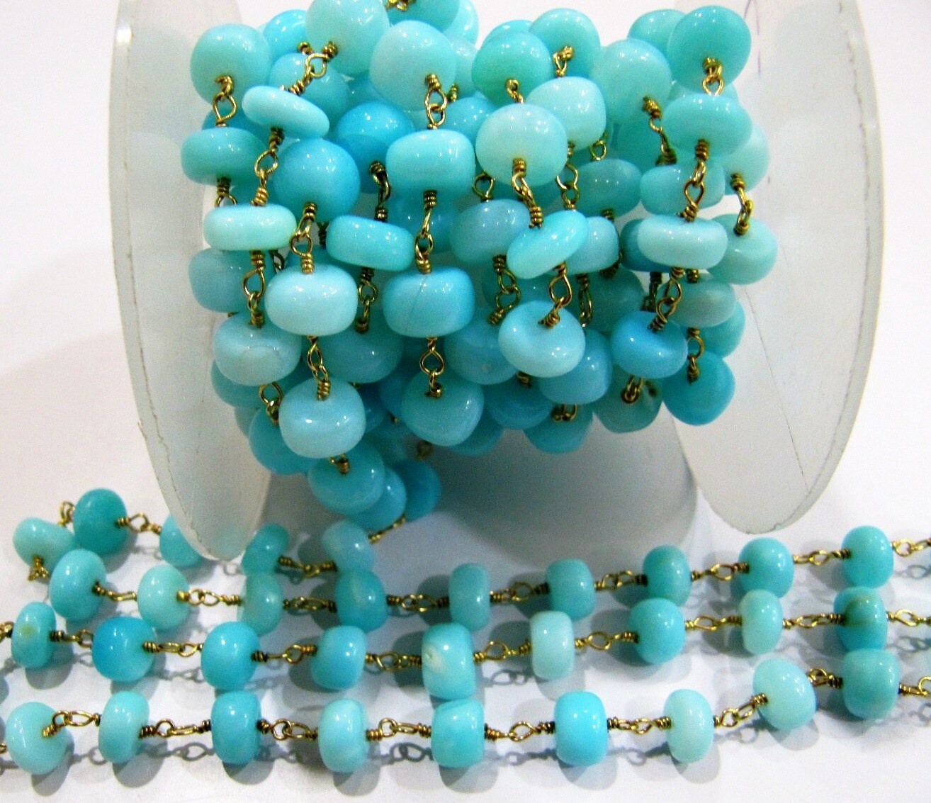 Natural Blue Opal Rondelle 10 mm Plain Smooth Beaded Rosary Chain Sold Per Foot High Quality Wholesale Price Jewelry making chain