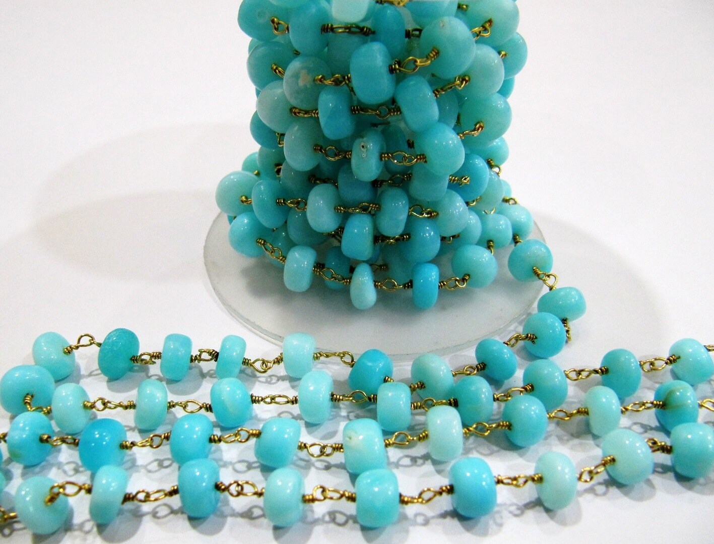 Natural Blue Opal Rondelle 10 mm Plain Smooth Beaded Rosary Chain Sold Per Foot High Quality Wholesale Price Jewelry making chain