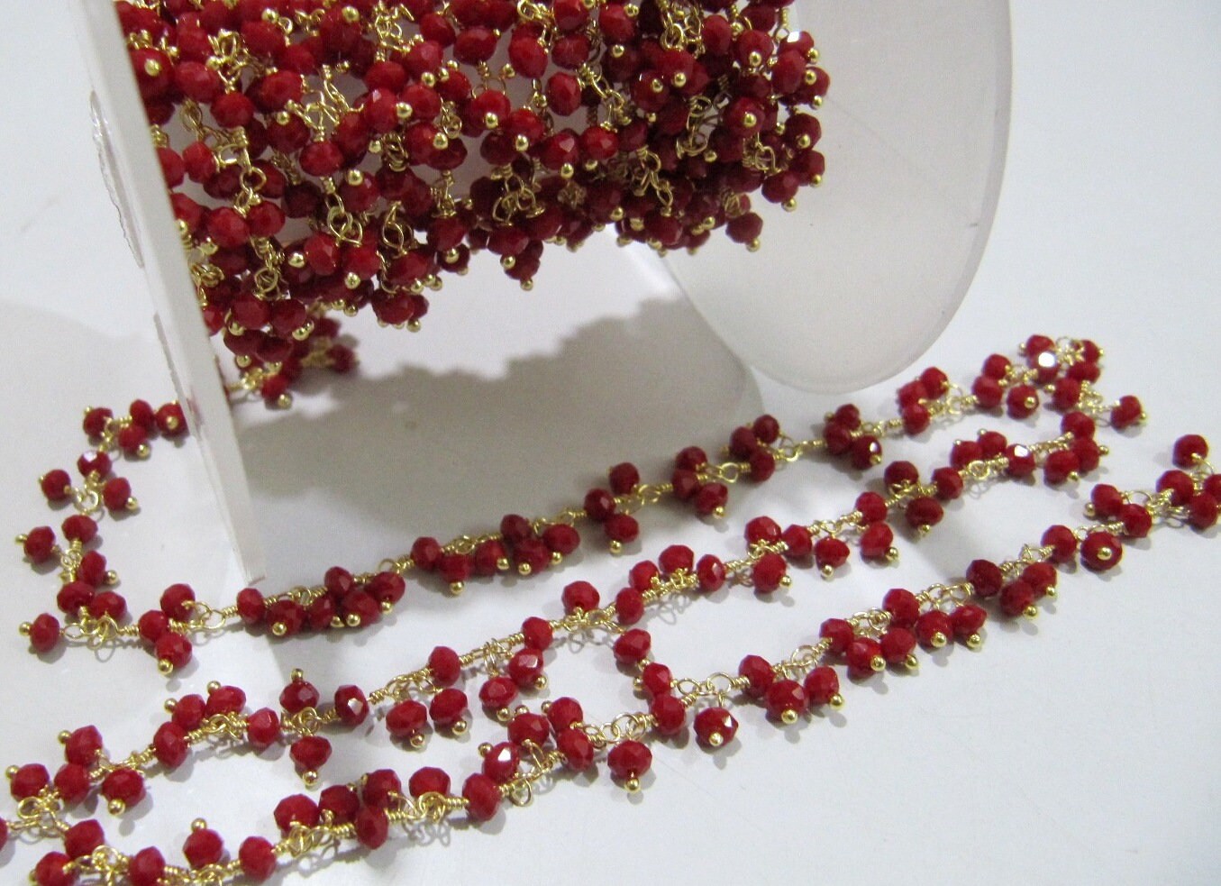 Red Coral 3mm Rondelle Faceted Hydro Quartz Beads Dangling Beaded Chain Wire Wrapped Cluster Handmade Stone Chains sold per foot