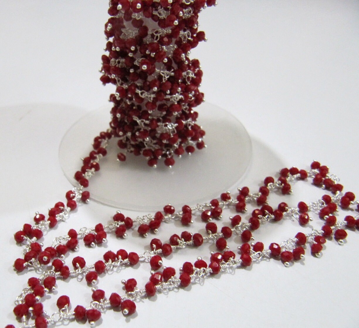 Red Coral 3mm Rondelle Faceted Hydro Quartz Beads Dangling Beaded Chain Wire Wrapped Cluster Handmade Stone Chains sold per foot