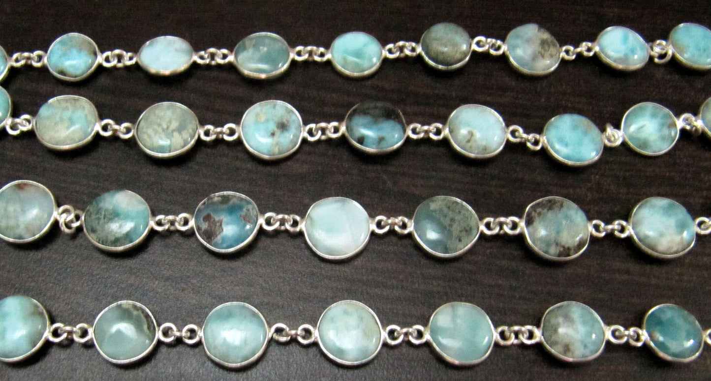 Natural Larimar Round coin Shape Plain Smooth Bezel Connector Chain 12-15 mm Sold Per Foot High Quality Handmade chain