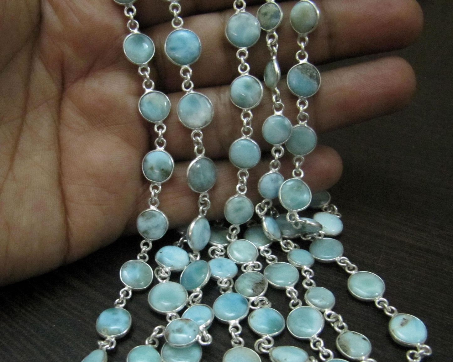 Natural Larimar Round coin Shape Plain Smooth Bezel Connector Chain 12-15 mm Sold Per Foot High Quality Handmade chain