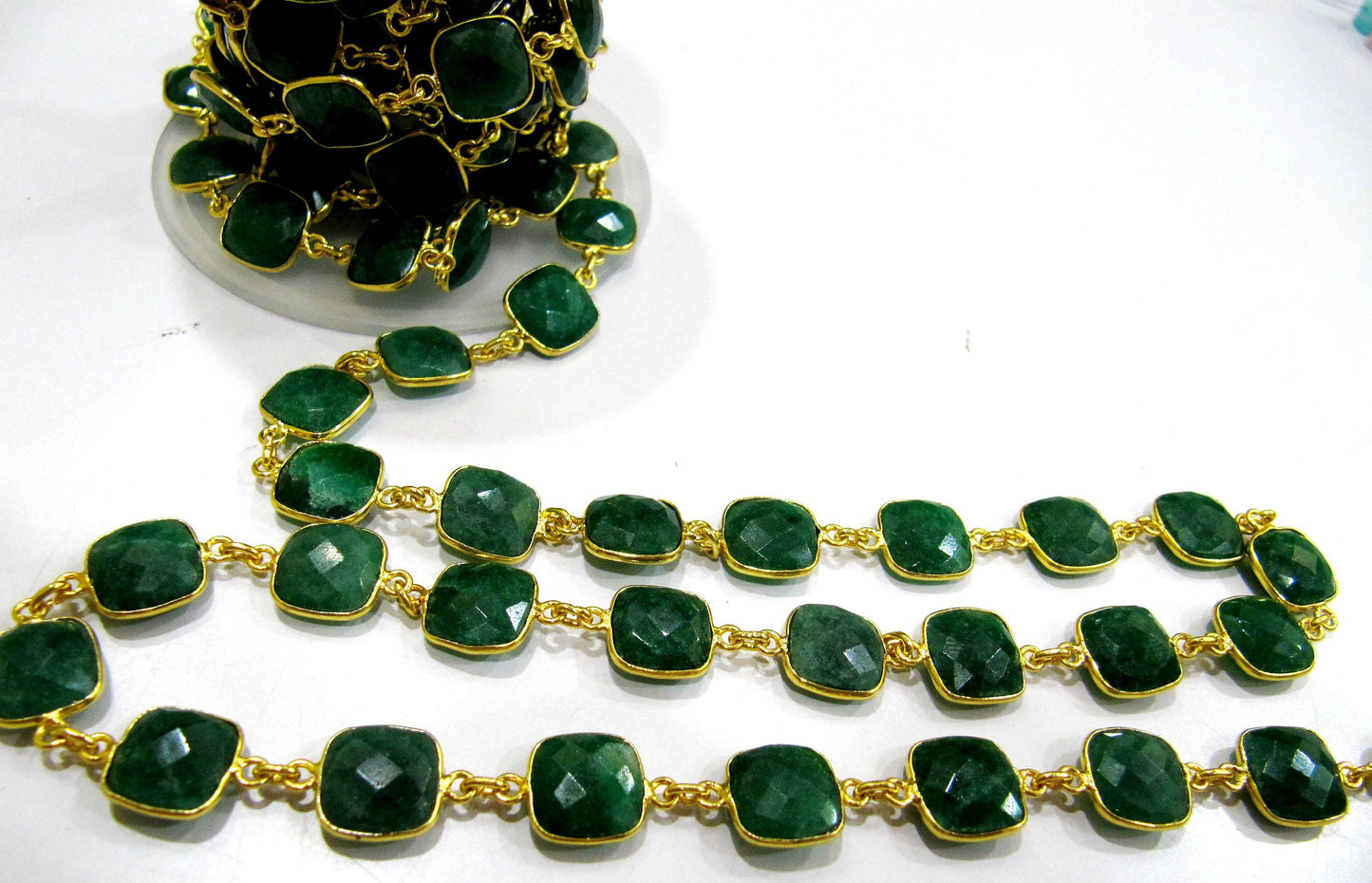 Emerald Cushion Shape Briolette Bezel Connector Chain 10mm Sold Per Foot Wholesale price Jewelry making Handmade chain