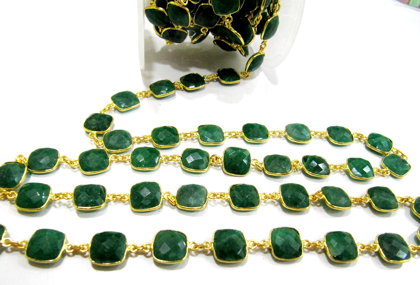 Emerald Cushion Shape Briolette Bezel Connector Chain 10mm Sold Per Foot Wholesale price Jewelry making Handmade chain